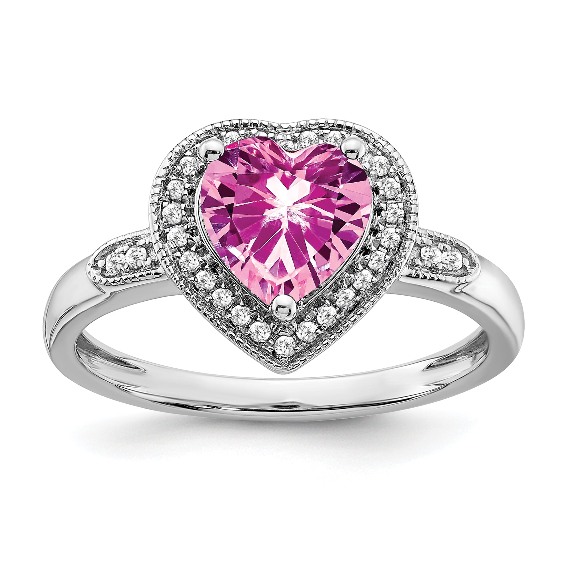 14k White Gold Heart Created Pink Sapphire and Diamond Halo Ring