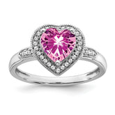 14k White Gold Heart Created Pink Sapphire and Diamond Halo Ring