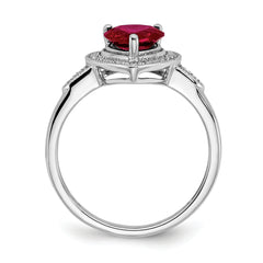 14k White Gold Heart Created Ruby and Diamond Halo Ring