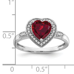 14k White Gold Heart Created Ruby and Diamond Halo Ring