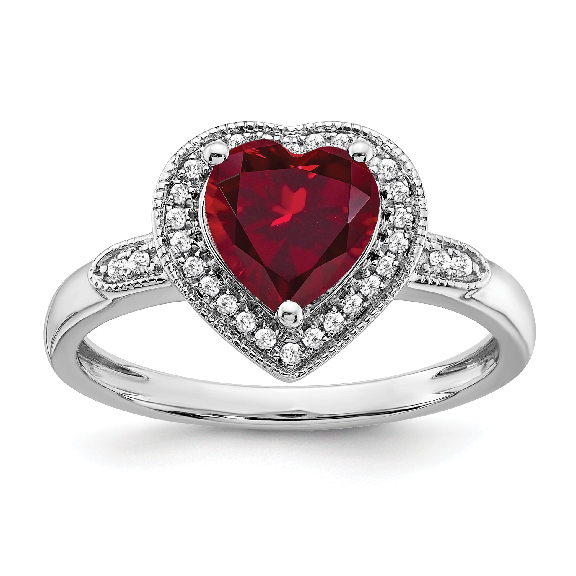 14k White Gold Heart Created Ruby and Diamond Halo Ring