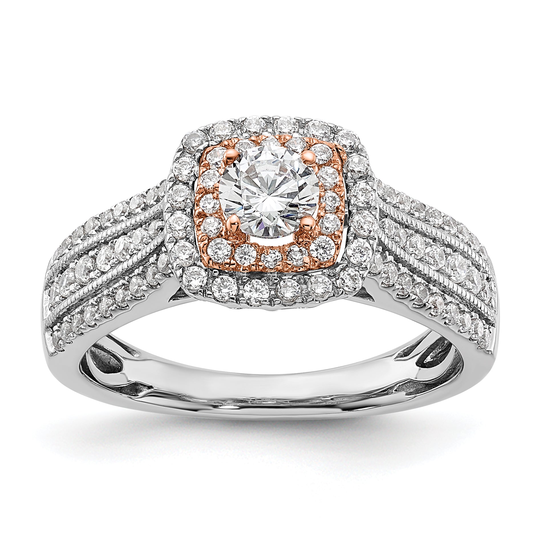 10k Two-Tone Rose and White Gold 7/8 carat Lab Grown Diamond VS/SI+ G+ Round Complete Fancy Halo Engagement Ring
