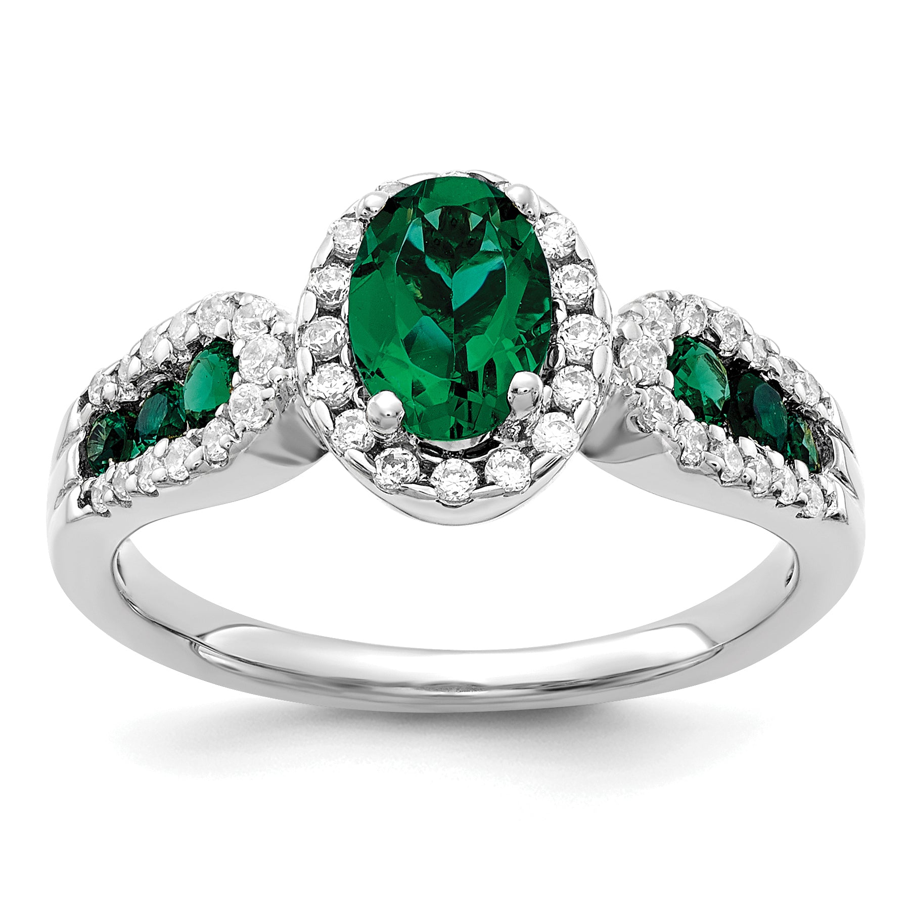 14k White Gold 1/3 carat Lab Grown Diamond VS/SI+ G+ and Oval Lab Created Emerald Ring