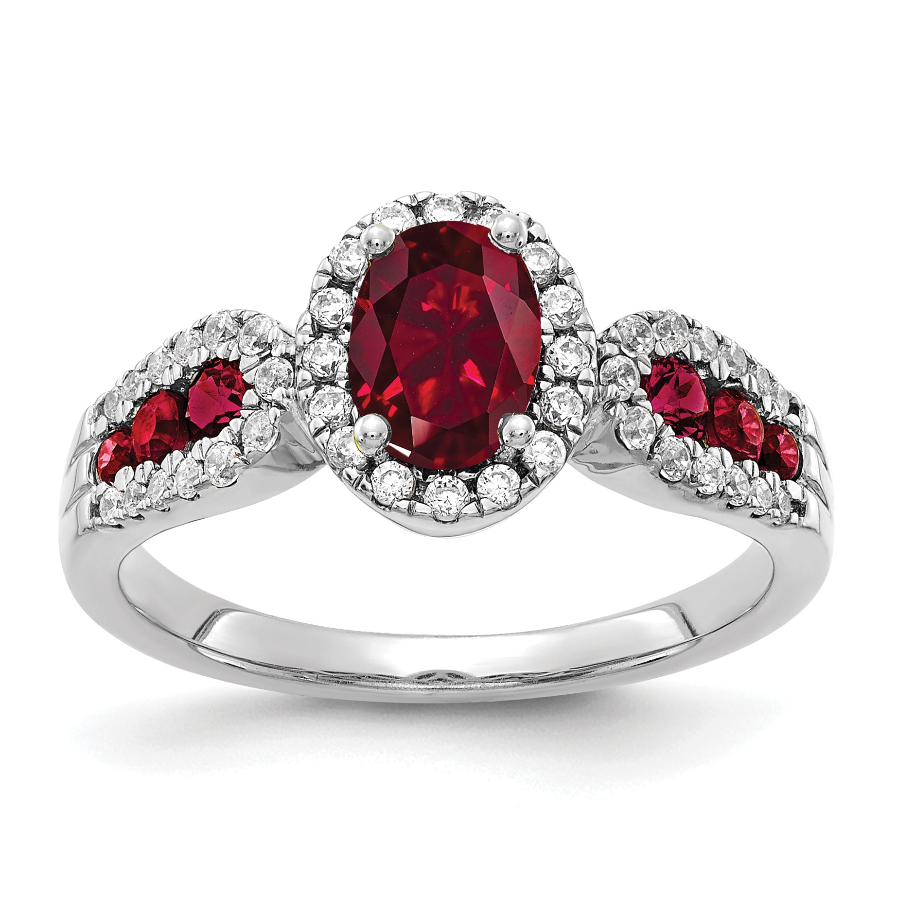14k White Gold 1/3 carat Lab Grown Diamond VS/SI+ G+ and Oval Lab Created Ruby Ring