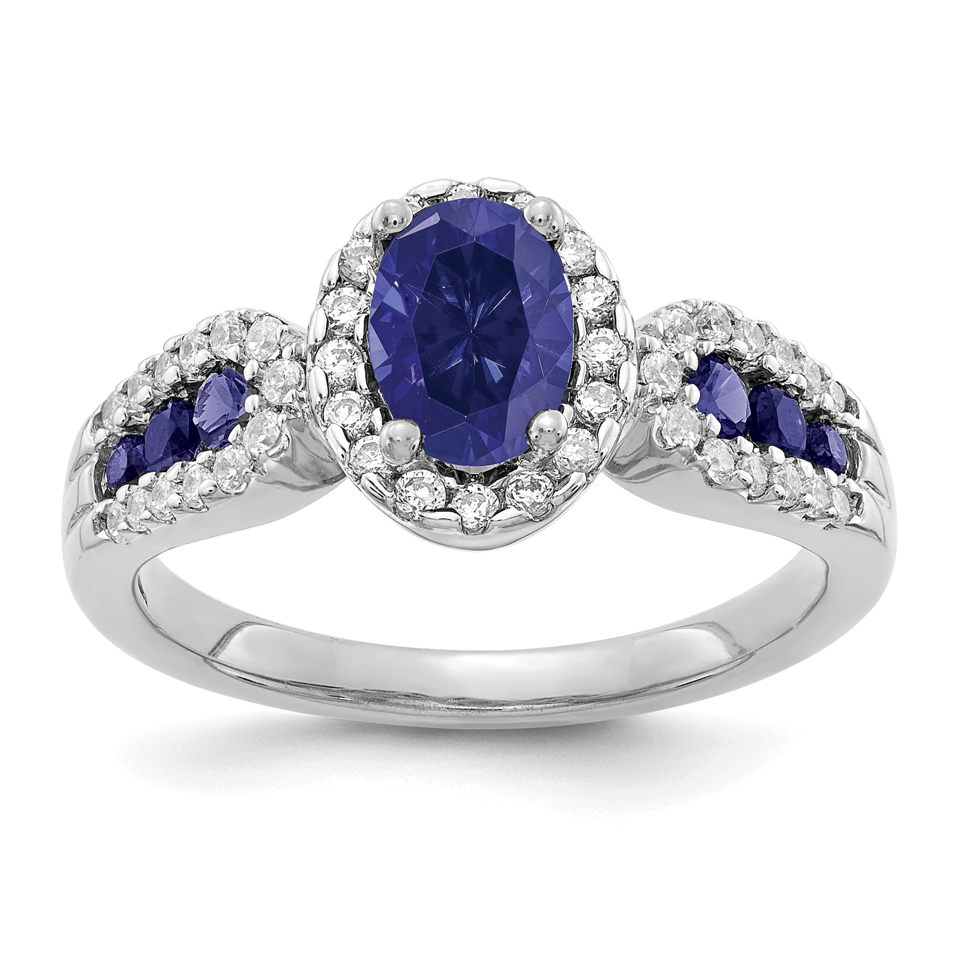 14k White Gold 1/3 carat Lab Grown Diamond VS/SI+ G+ and Oval Lab Created Blue Sapphire Ring