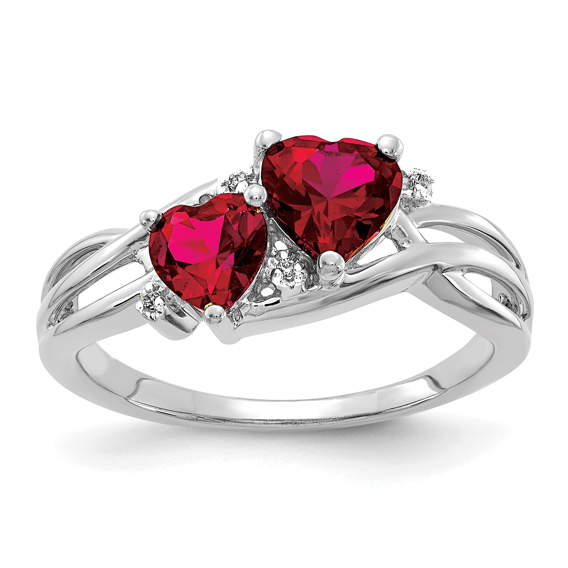 10k White Gold Lab Created Ruby and Diamond Double Heart Ring