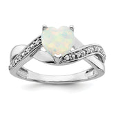 14k White Gold Created Opal and Diamond Heart Ring