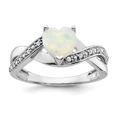 14k White Gold Created Opal and Diamond Heart Ring