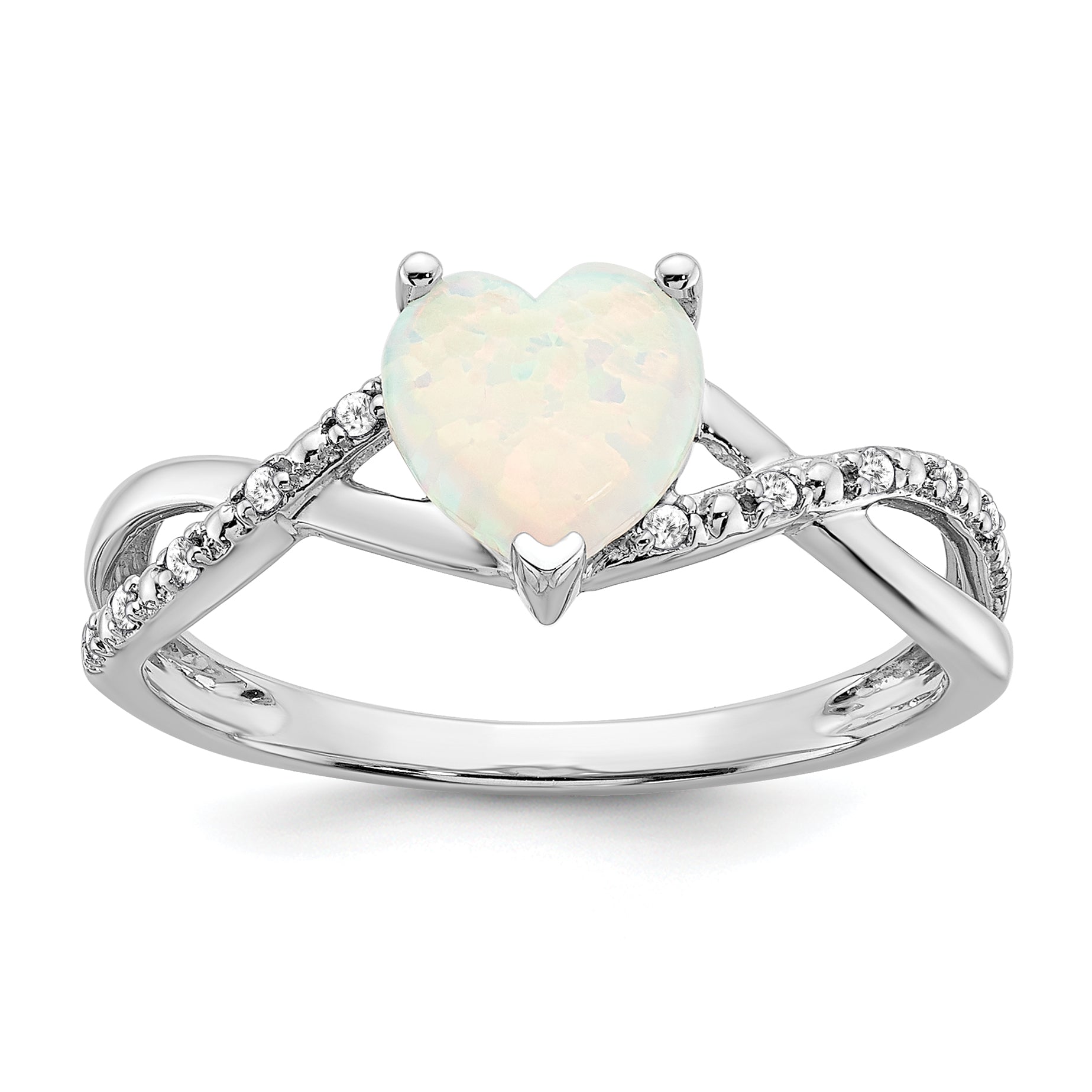 14k White Gold Created Opal and Diamond Heart Ring