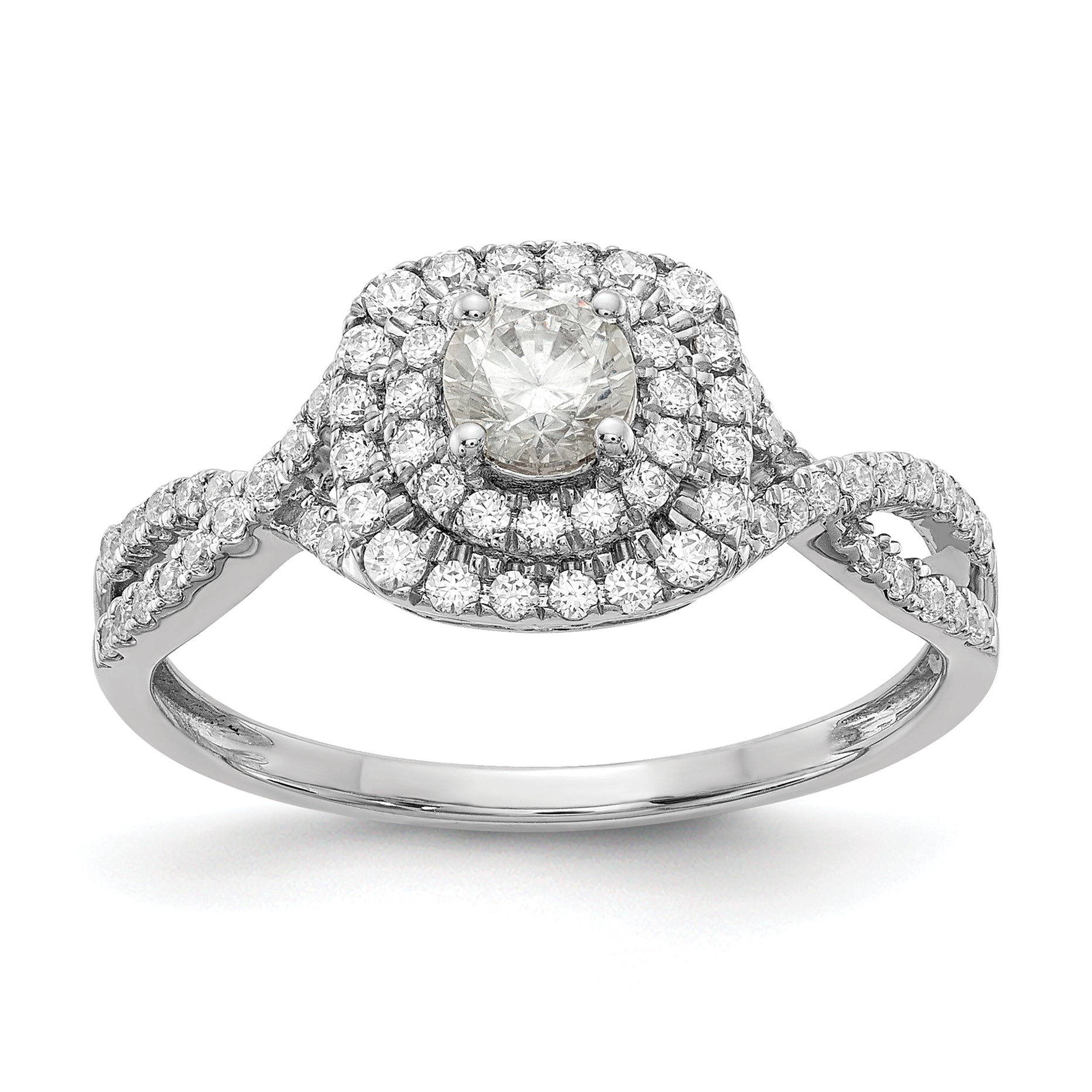 14k White Gold 3/4 carat Lab Grown Diamond VS/SI+ G+ Complete Round Double Halo Engagement Ring