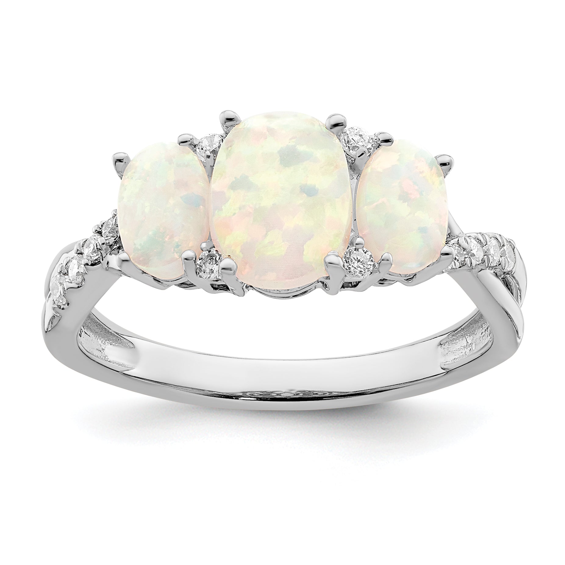14k White Gold Created Opal and Diamond 3-stone Ring