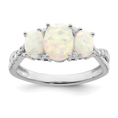 14k White Gold Created Opal and Diamond 3-stone Ring