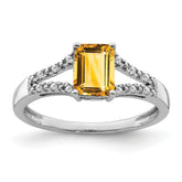 14k White Gold Emerald-cut Citrine and Diamond Ring