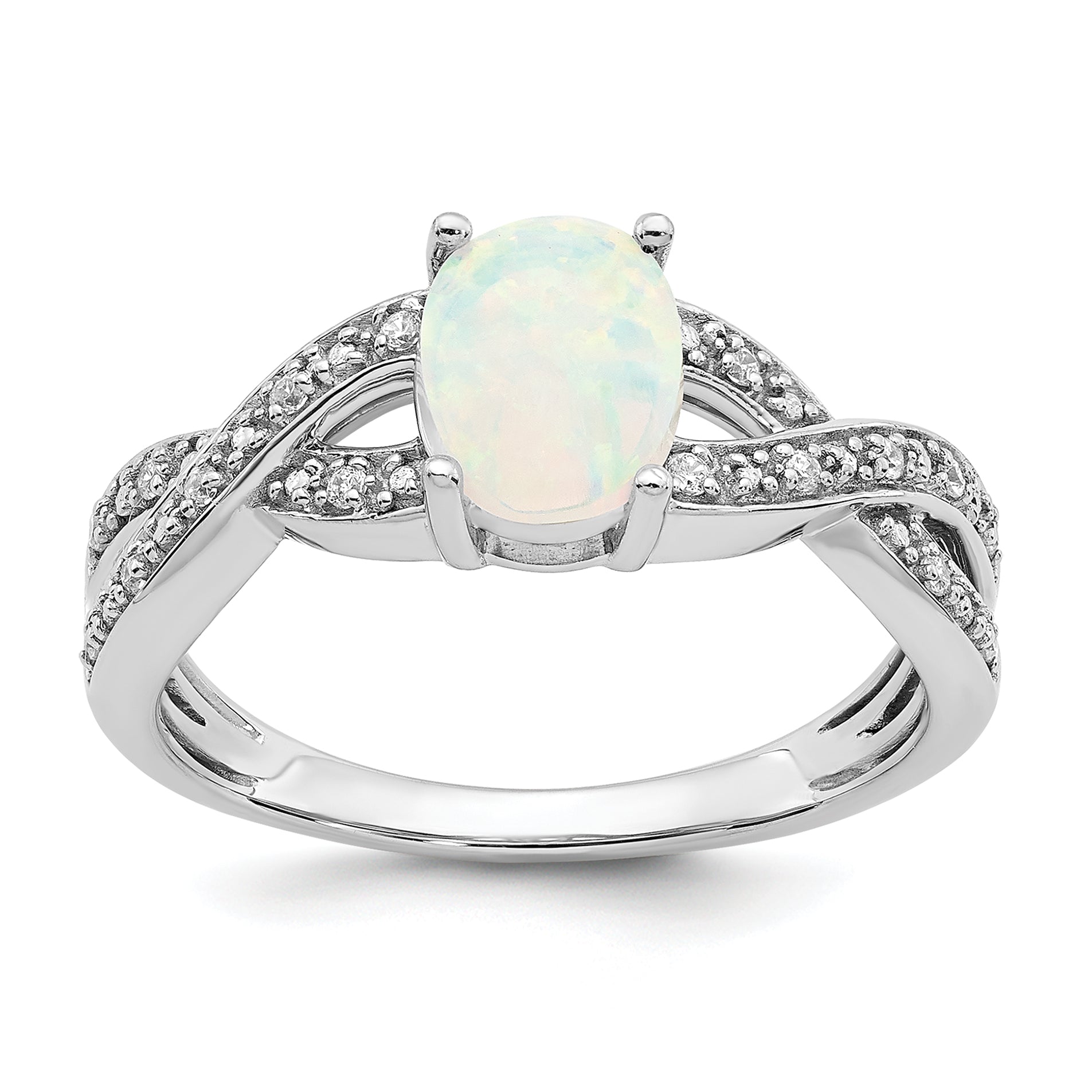 14k White Gold Created Opal and Diamond Ring