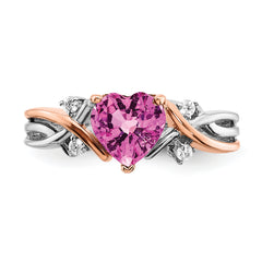 14k Two-tone Heart Created Pink Sapphire and Diamond Ring