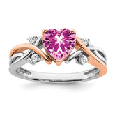 14k Two-tone Heart Created Pink Sapphire and Diamond Ring