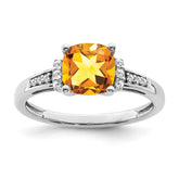14k White Gold Cushion Citrine and Diamond Ring