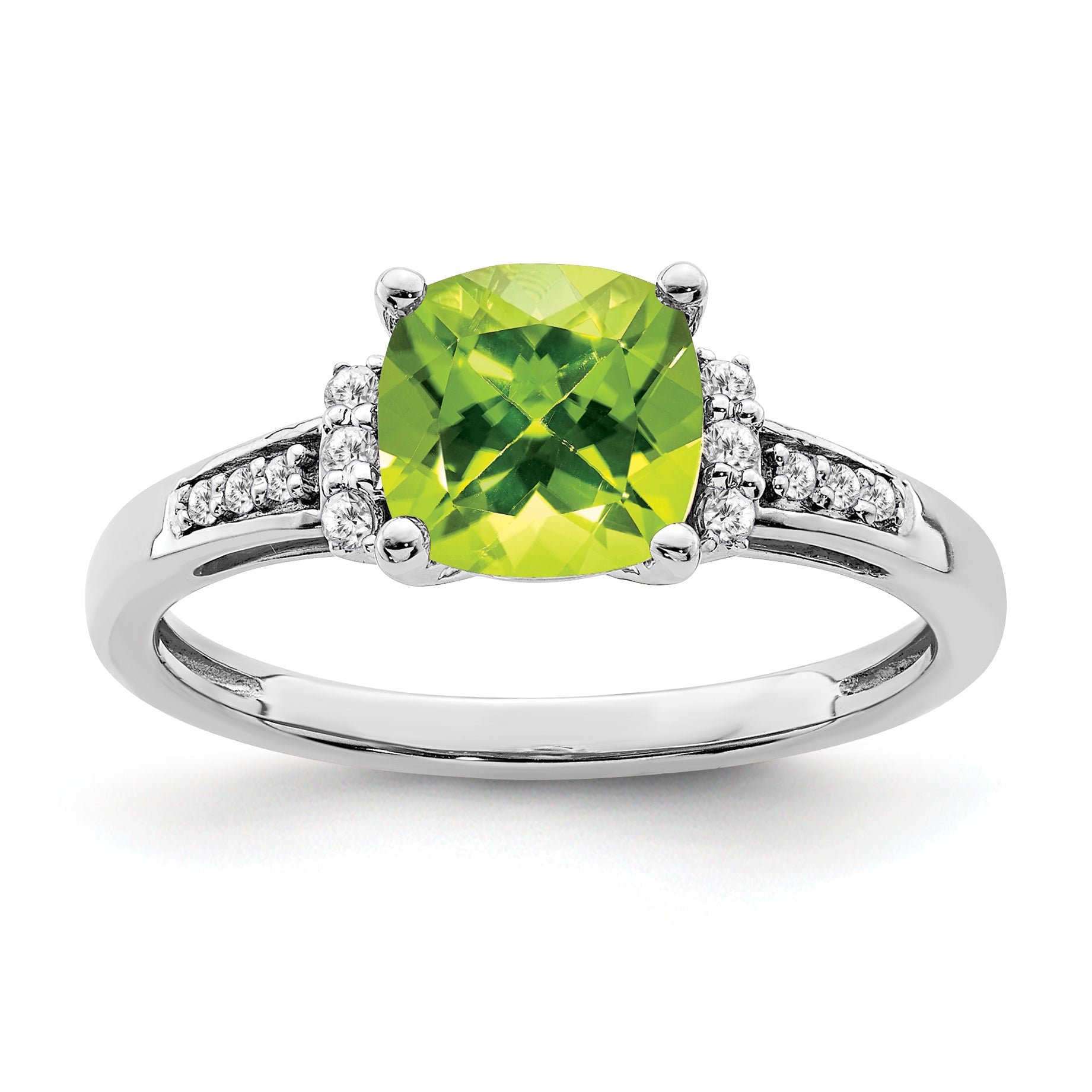 14k White Gold Cushion Peridot and Diamond Ring