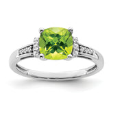 14k White Gold Cushion Peridot and Diamond Ring