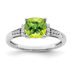 14k White Gold Cushion Peridot and Diamond Ring
