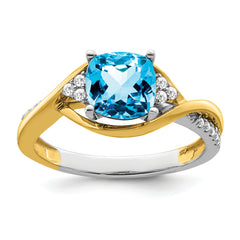 14k Two-tone Cushion Blue Topaz and Diamond Ring