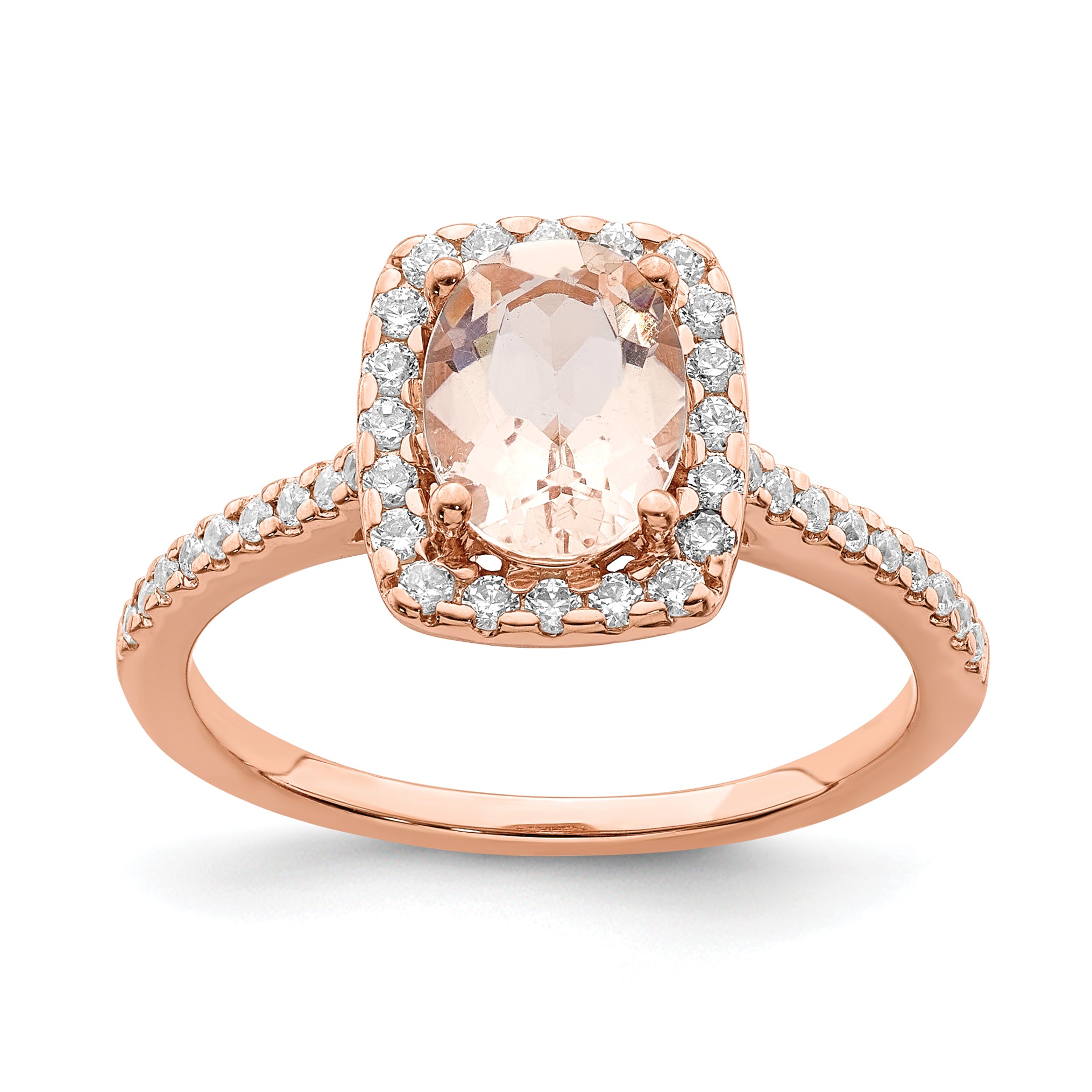 Pure Serenity 14k Rose Gold 1/3 carat Lab Grown Diamond VS/SI+ G+ and Long Cushion Morganite Halo Engagement Ring