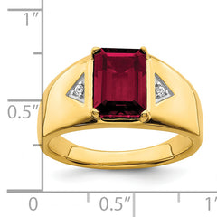 14k Emerald-cut Created Ruby and Diamond Polished Mens Ring