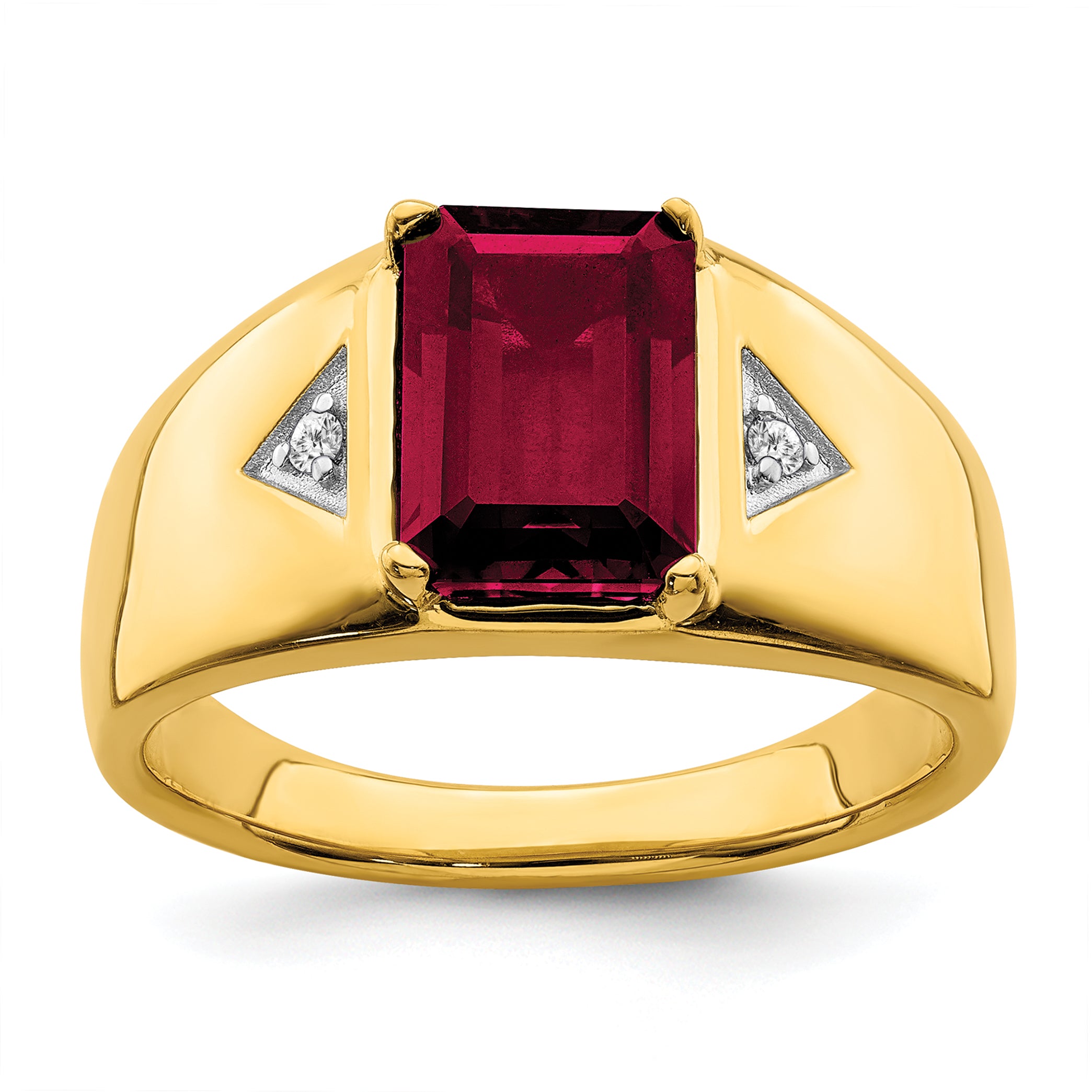 14k Emerald-cut Created Ruby and Diamond Polished Mens Ring