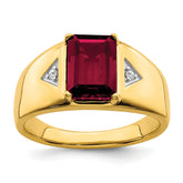 14k Emerald-cut Created Ruby and Diamond Polished Mens Ring