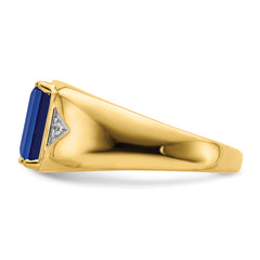14k Emerald-cut Created Sapphire and Diamond Polished Mens Ring