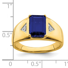 14k Emerald-cut Created Sapphire and Diamond Polished Mens Ring