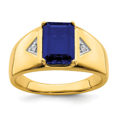 14k Emerald-cut Created Sapphire and Diamond Polished Mens Ring