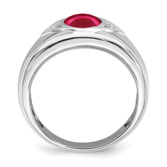 14k White Gold Created Ruby and Diamond Mens Ring