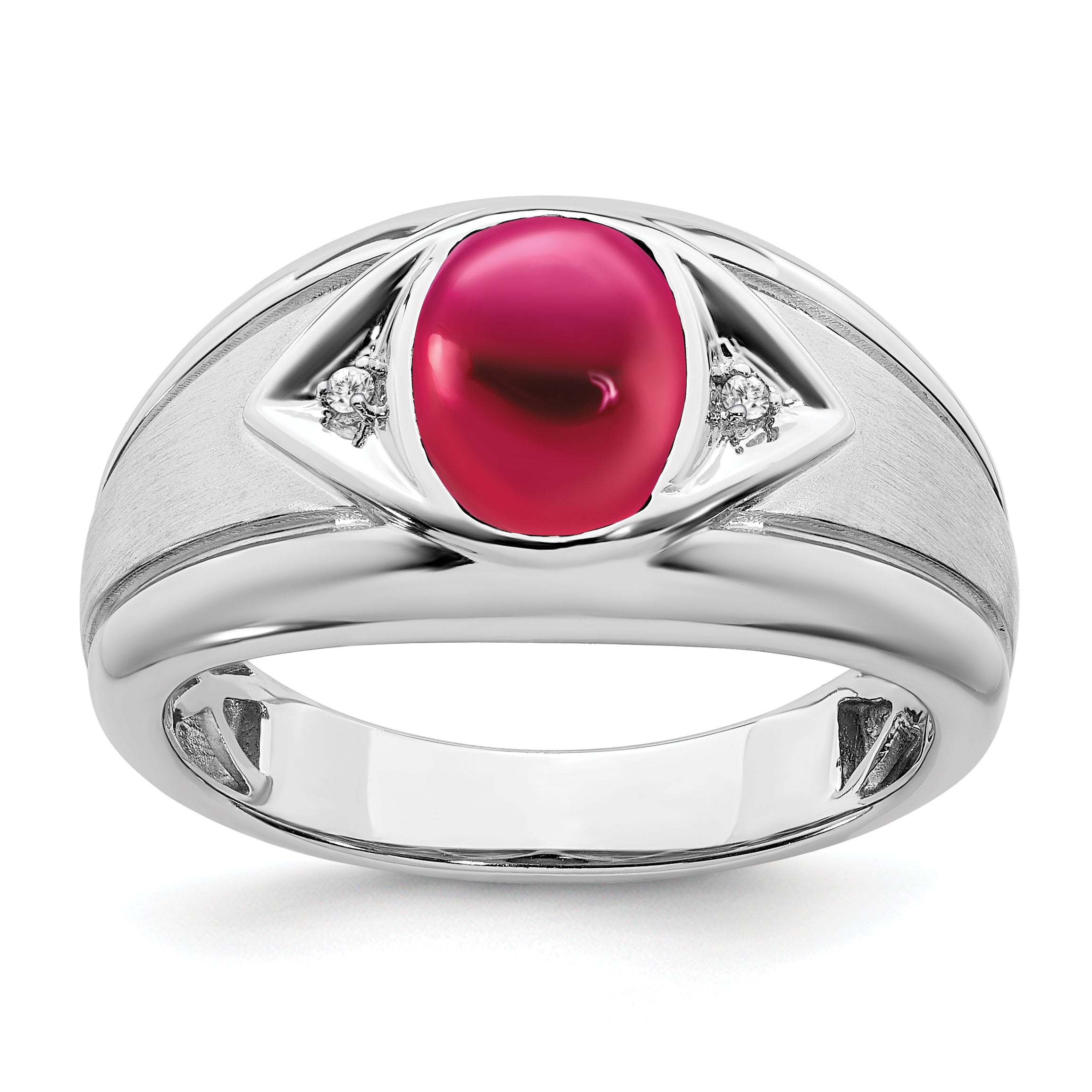 14k White Gold Created Ruby and Diamond Mens Ring