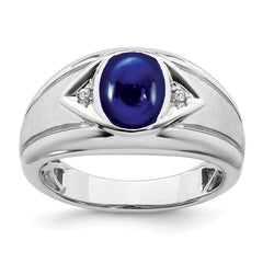 14k White Gold Created Sapphire and Diamond Mens Ring