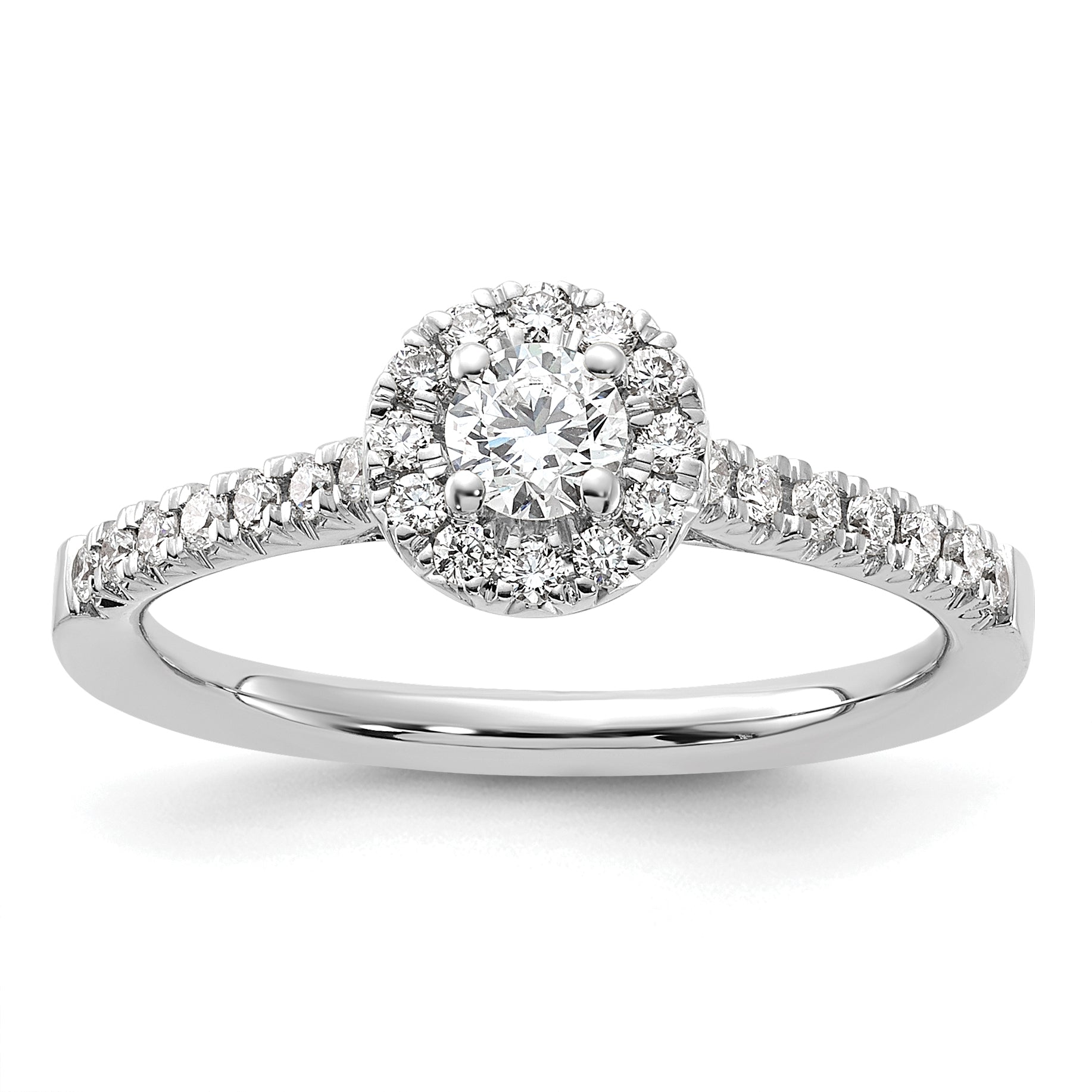 14k White Gold 1/2 carat Lab Grown Diamond VS/SI+ G+ Round Complete Halo Engagement Ring