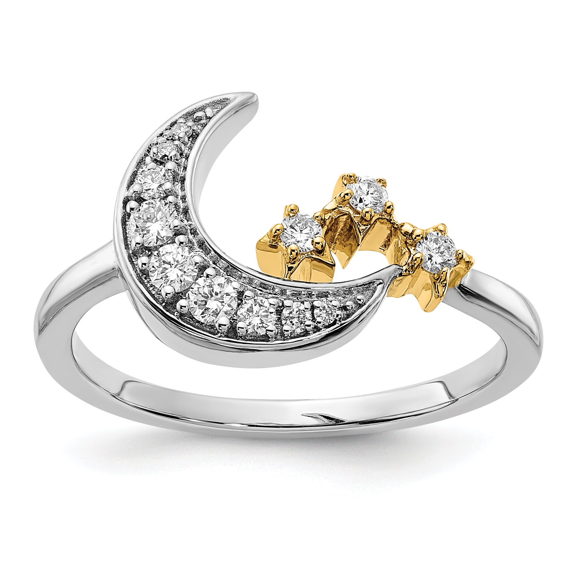 14k Two-tone Diamond Moon w/3-Stars Ring