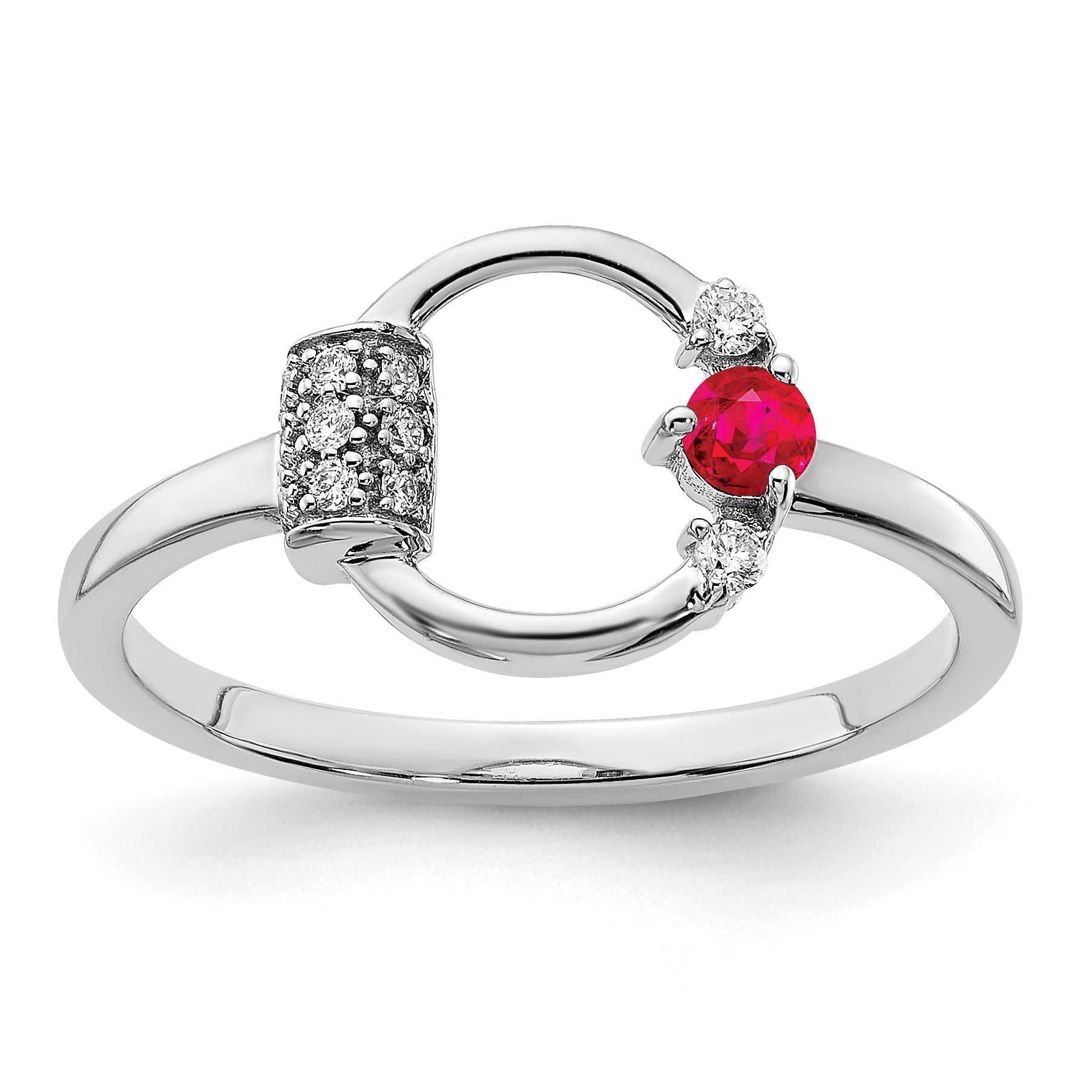 14k White Polished Diamond and Ruby Circle Ring
