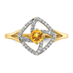 14k Polished Diamond and Citrine Square Ring