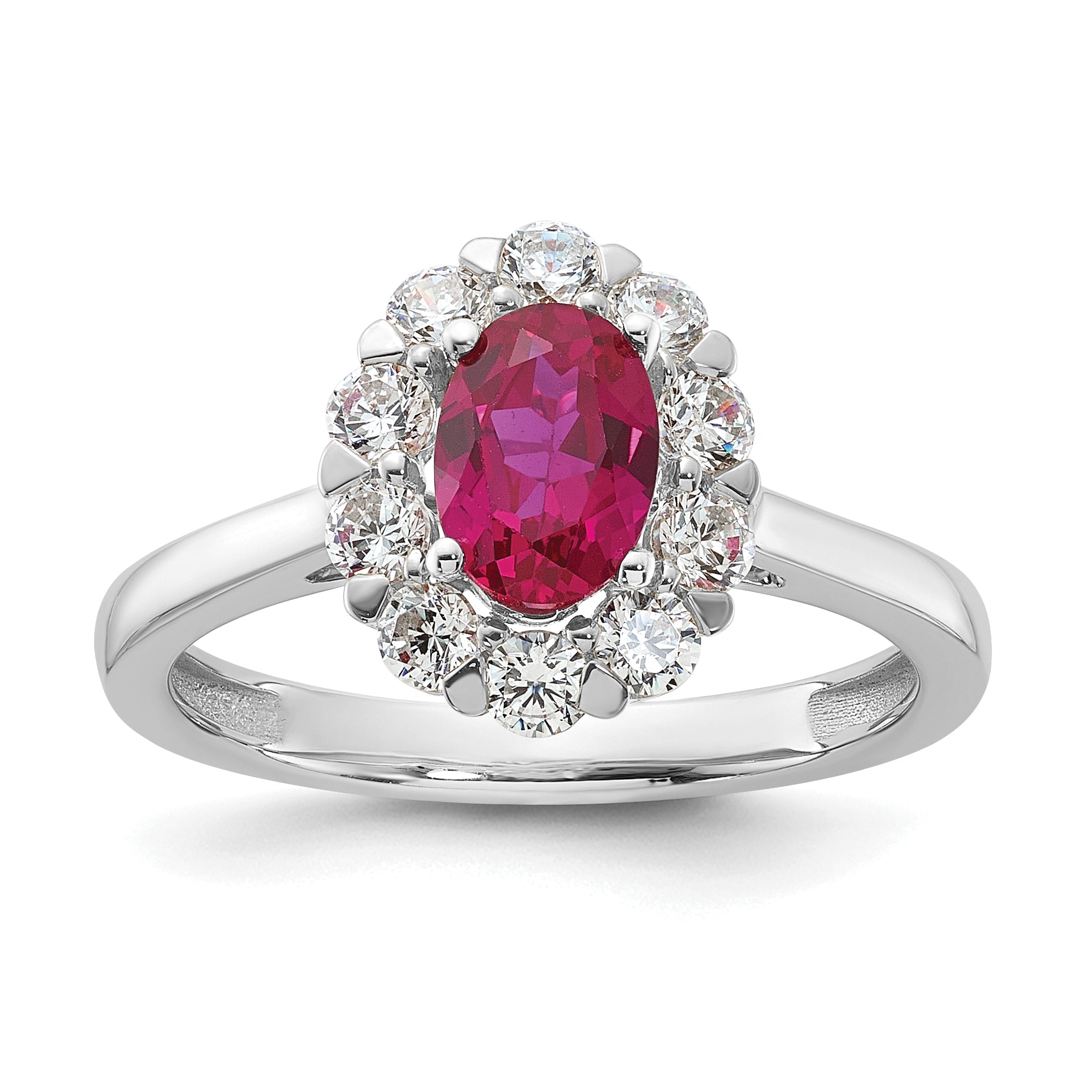 10k White Gold 5/8 carat Lab Grown Diamond VS/SI+ G+ and Oval Lab Created Ruby Halo Fashion Ring