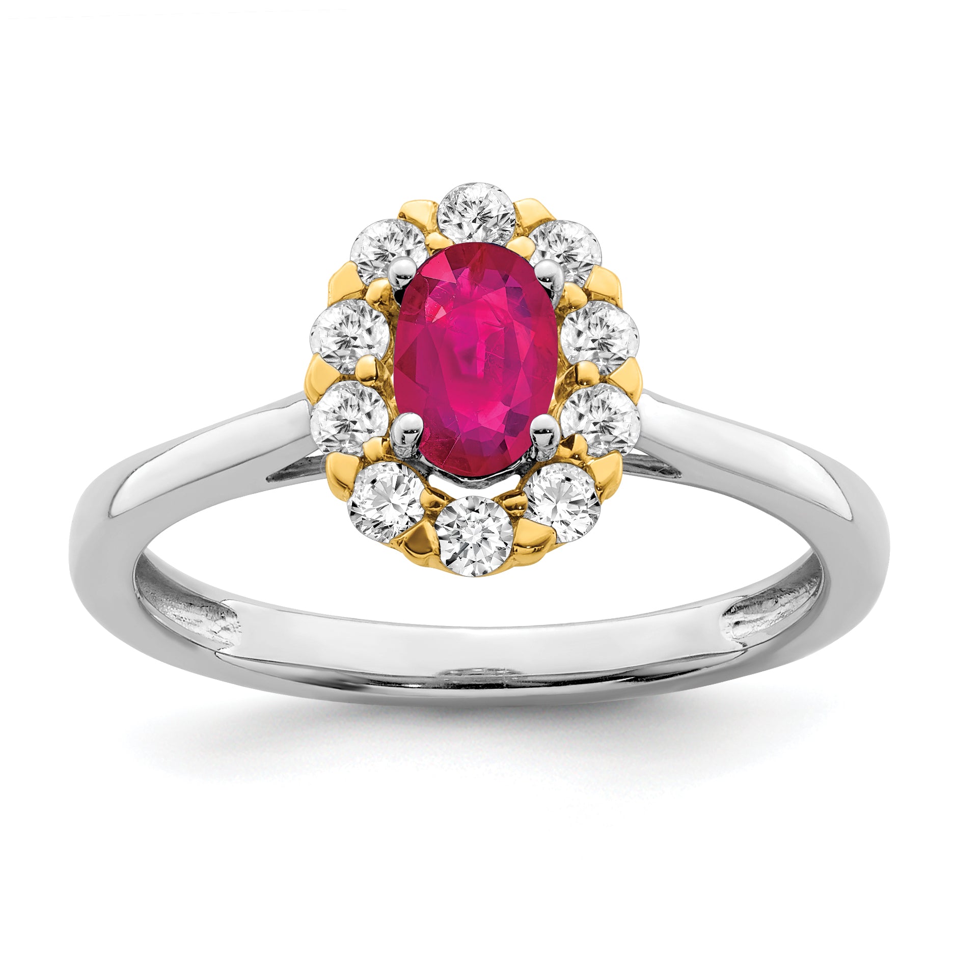 14k Two-Tone 5/8 carat Lab Grown Diamond VS/SI+ G+ and Oval Lab Created Ruby Halo Fashion Ring