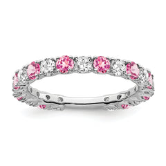 14k White Gold Created Pink Sapphire and Diamond Band
