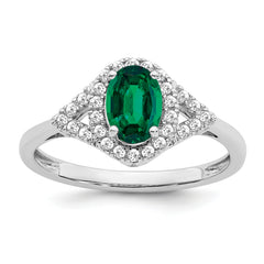 14k White Gold Oval Created Emerald and Diamond Ring