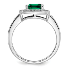 14k White Gold Cushion Created Emerald and Diamond Halo Ring