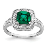 14k White Gold Cushion Created Emerald and Diamond Halo Ring