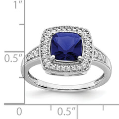 14k White Gold Cushion Created Sapphire and Diamond Halo Ring