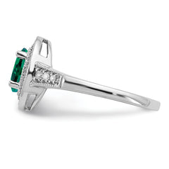 14k White Gold Oval Created Emerald and Diamond Halo Ring