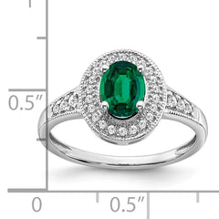 14k White Gold Oval Created Emerald and Diamond Halo Ring