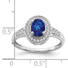 14k White Gold Oval Created Sapphire and Diamond Halo Ring