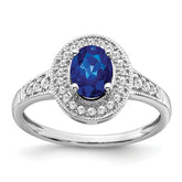 14k White Gold Oval Created Sapphire and Diamond Halo Ring
